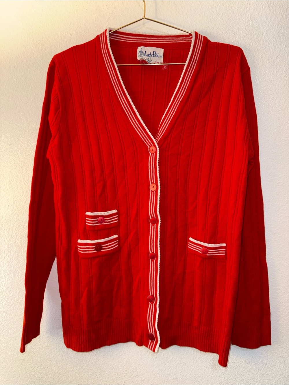Vintage 70s 80s Lady Roi Varsity Stripe V-Neck Knit Sweater Red